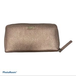 Kate Spade New York Large Rose Gold Shiny Wallet Pink Crossgrain Leather